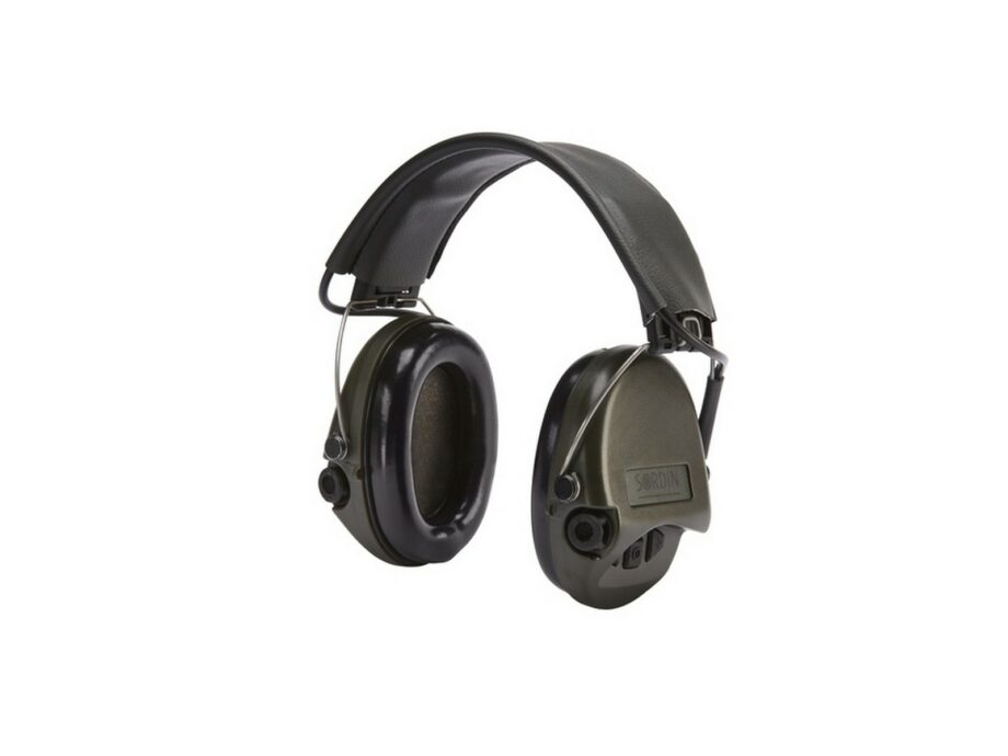 SORDIN Supreme Basic Aktiver Kapsel-Gehörschutz mit schwarzem Kunstlederband, Schaumkissen & grünen Kapseln
